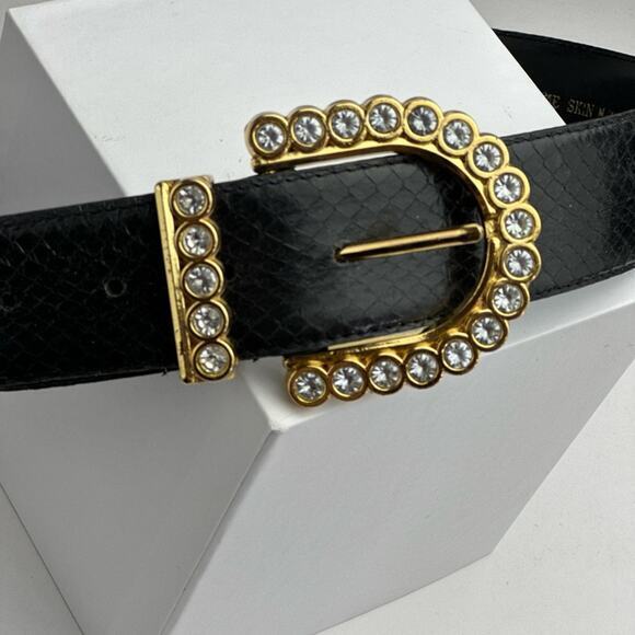 Art 9271 Genuine Black snake skin belt with rhinestone and gold belt‎ buckle - Picture 3 of 3